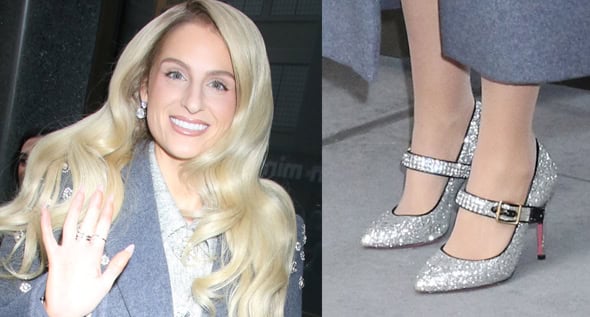 Meghan Trainor Promotes ‘Still Don’t Care’ in Glittery Gucci Mary Janes, a Crystal Simkhai Coat, and a Silver Nana Jacqueline Skirt Suit
