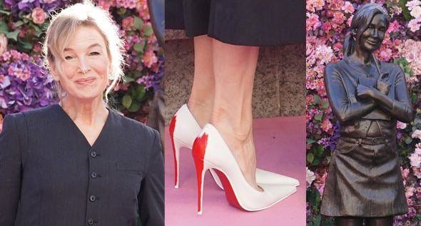 Renée Zellweger Unveils Bridget Jones’ Statue in Louboutin x Margiela Pumps and Black Coat Dress