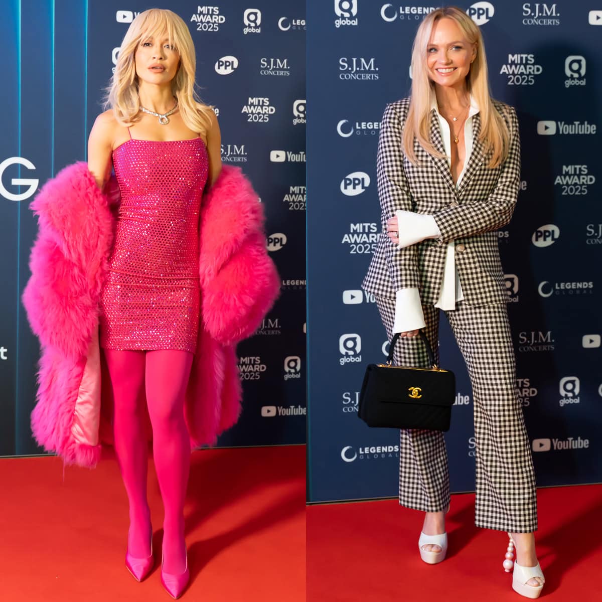 Rita Ora and Emma Bunton showcase their distinct red-carpet styles at the 2025 Music Industry Trust Awards in London — Rita dazzling in pink Russell & Bromley slingback pumps, and Emma exuding retro polish in pearl-heeled Sophia Webster sandals
