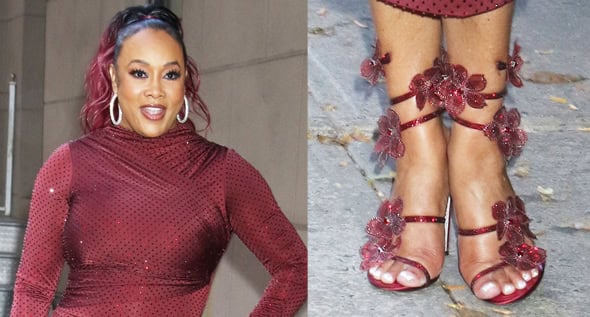 Vivica A. Fox Promotes The Christmas Campaign in a Burgundy Retrofête Dress and René Caovilla Crystal-Flower Heels