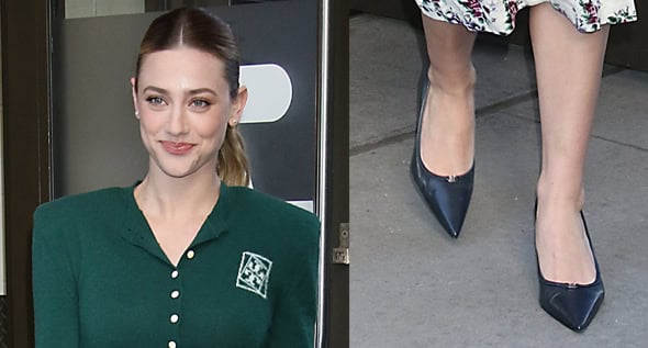 Lili Reinhart Blooms in Tory Burch Green Knit, Floral Skirt & Black Pumps for American Sweatshop Promo