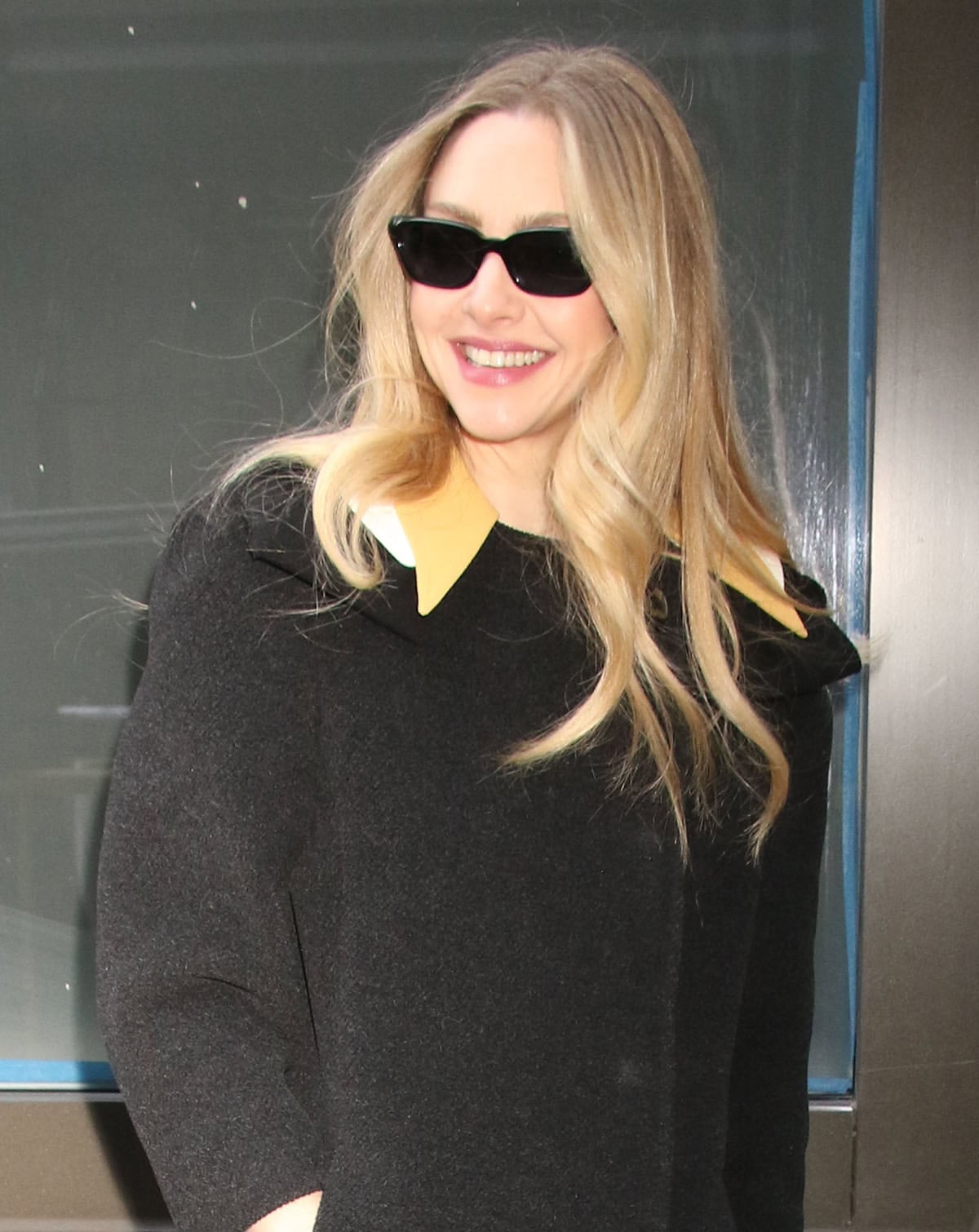 Amanda Seyfried adds a hint of star power to her sleek, minimalist look with Khaite x Oliver Peoples 1983C cat-eye sunglasses and styles her blonde hair down in effortless waves