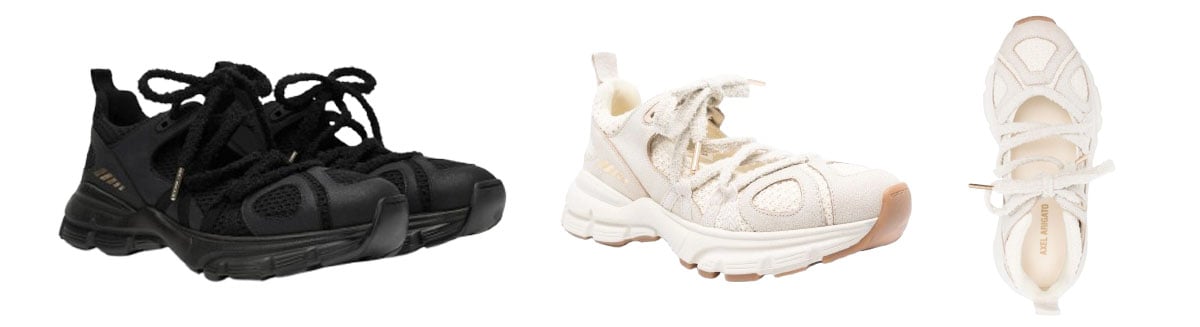 Axel Arigato “Marathon” ballet sneakers pair a chunky, performance-inspired sole with crisscross lacing and soft uppers, blending sporty structure with ballet-influenced styling, priced at $260–$360