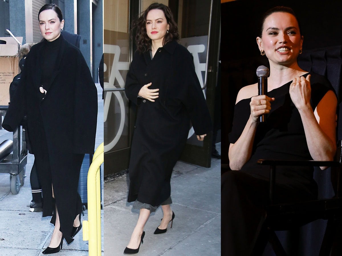 Daisy Ridley elevates head-to-toe black ensembles with sharp pointed-toe pumps, using refined heels to bring structure and edge to her understated press-tour looks in New York City on December 15 and 16, 2025