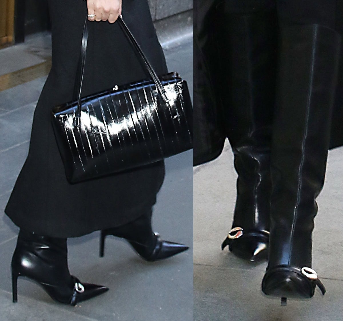 Diane Kruger completes her winter chic ensemble with sleek knee-high boots by Coperni featuring a strap across the vamps with a chunky logo buckle accent