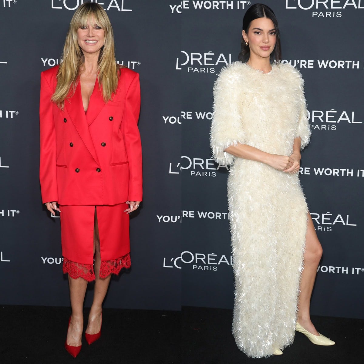 Heidi Klum and Kendall Jenner showcase bold monochrome looks—finished with red Louboutin pumps and pale Bottega Veneta heels—at the 20th Anniversary L’Oréal Paris Women of Worth event in Los Angeles on December 2, 2025
