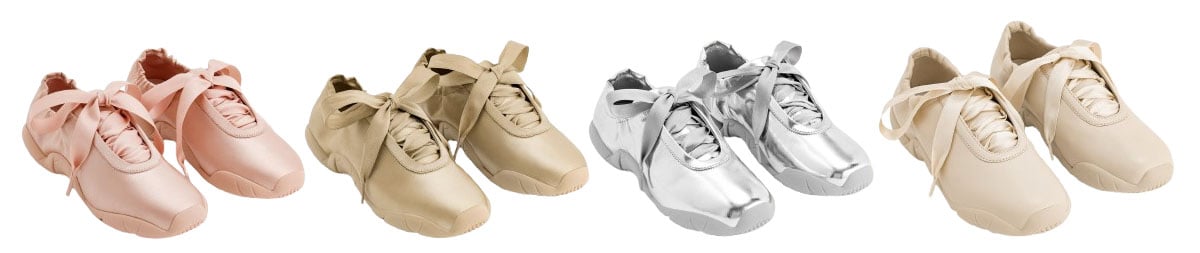 JW Pei “Flavia” ballet sneakers blend a sporty sneaker base with satin ribbon lacing and a softly rounded toe, striking a balance between ballet elegance and everyday wearability
