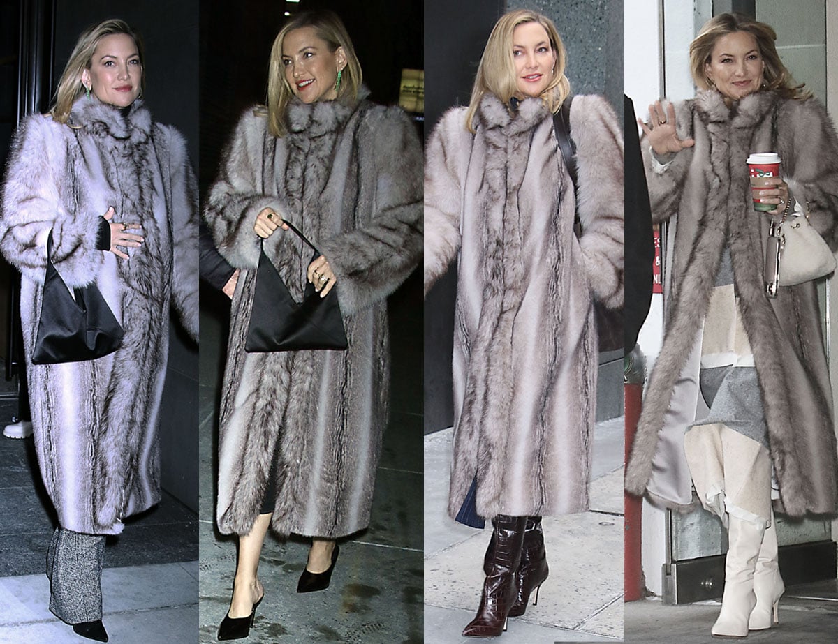 Kate Hudson demonstrates the versatility of her Ducie “Betty” faux-fur coat, transforming it from sharp and tailored to soft and romantic simply by switching between sleek black pumps, glossy croc-embossed knee boots, and creamy slouchy heels