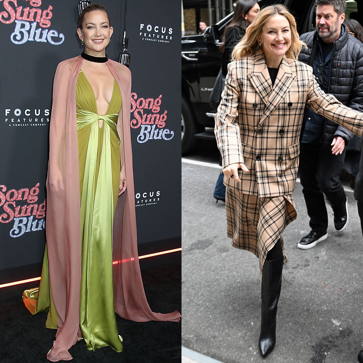 Kate Hudson contrasts red-carpet drama with daytime polish, wearing a flowing Valentino gown with concealed heels at the Song Sung Blue New York premiere, and later stepping out in an Ami Paris plaid skirt suit paired with sleek black pointed-toe knee-high boots for the film’s Q&A screening