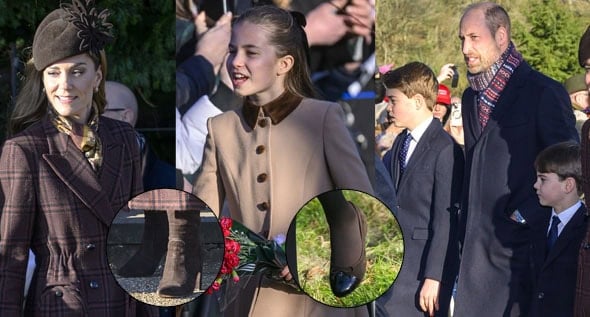 Kate Middleton and Princess Charlotte Coordinate in Brown Suede Shoes at Christmas Day Church Service