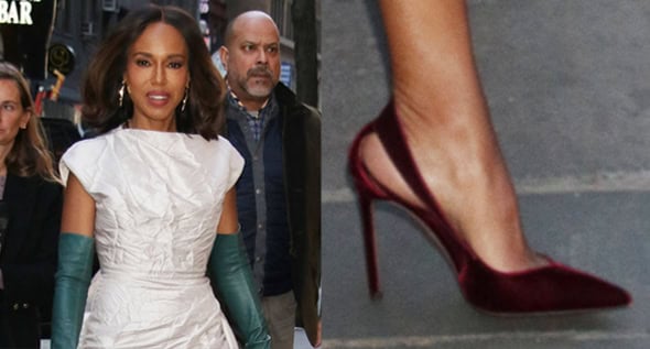 Kerry Washington Promotes Wake Up Dead Man in Erdem Dress, Teal Opera Gloves, and Aquazzura Pumps