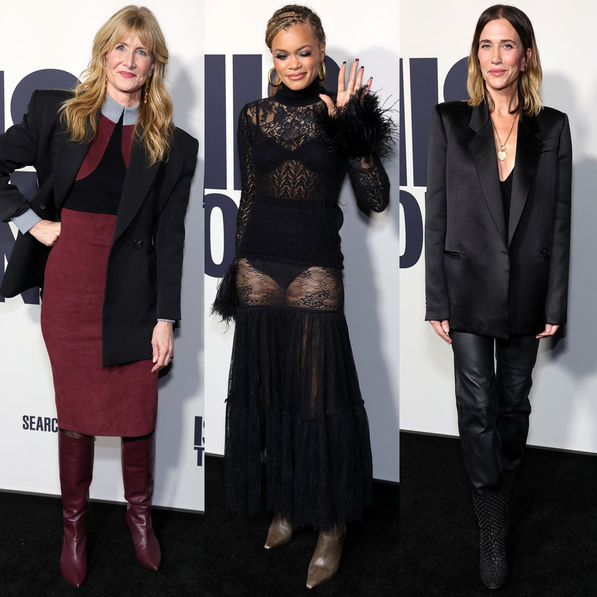 Laura Dern, Andra Day, and Kristen Wiig each put a distinct spin on red-carpet boot styling at the Los Angeles special screening of Is This Thing On?