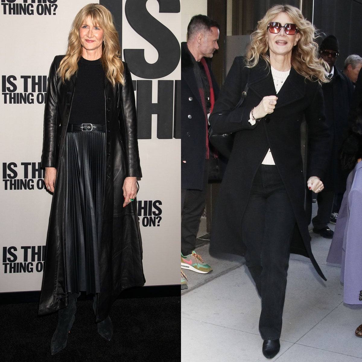 Laura Dern attends the premiere of Is This Thing On? wearing a black Simkhai pleated dress with Santoni boots; she later drops by ABC Studios in black jeans with a cream knit top and a black coat