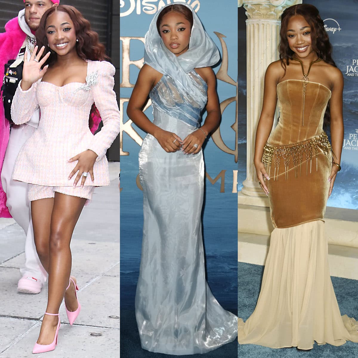 Leah Sava Jeffries steps out to promote Percy Jackson and the Olympians Season 2, showcasing a feminine, fantasy-leaning style evolution—anchoring soft couture looks by Maison Rizman Ruzaini, Do Long, and Tang Chi Couture with pointed heels and sculpted silhouettes that subtly elongate her petite frame