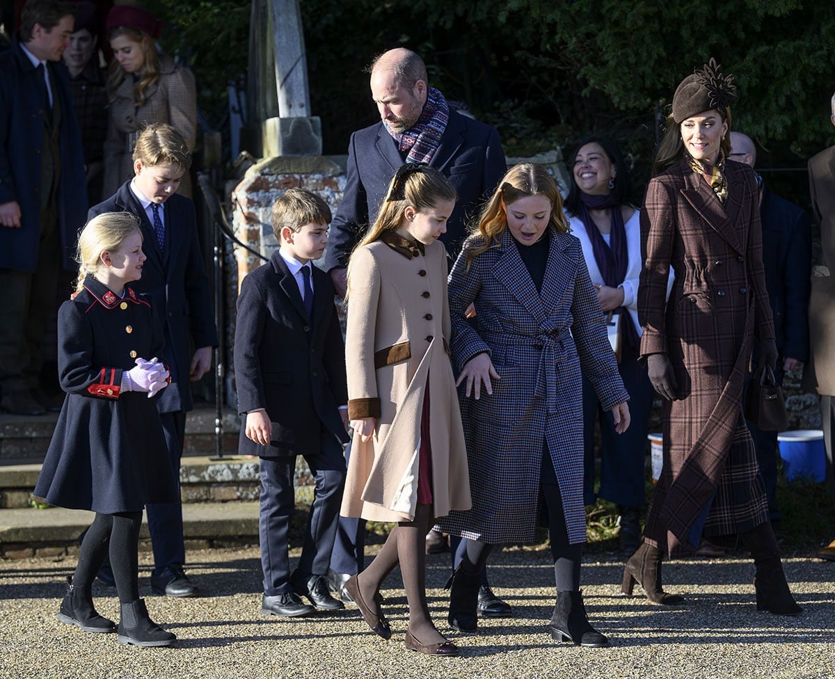 Lena Tindall, Prince George, William, Prince of Wales, Prince Louis, Princess Charlotte, Mia Tindall, and Catherine, Princess of Wales, attend a Christmas Day morning church service at St. Mary Magdalene Church in Sandringham, Norfolk