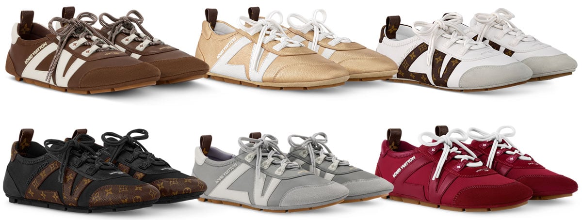 Louis Vuitton “LV Sneakerina” ballet sneakers combine a slim, ballet-inspired silhouette with signature LV detailing, soft leather uppers, and lightweight rubber soles