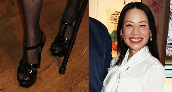 Lucy Liu Hosts Rental Family Screening in White Patou Bow Shirt, Mini Skirt, and Saint Laurent Platform Heels