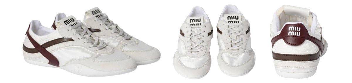 Miu Miu “Gymnasium” ballerinas blend lightweight technical fabric and soft suede with a retro, low-profile silhouette, finished with subtle branding and slim rubber soles