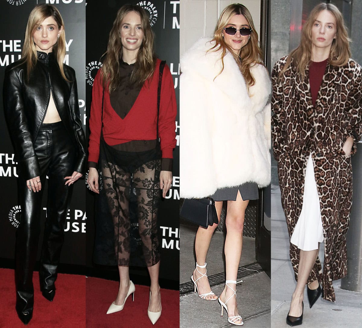 Natalia Dyer and Maya Hawke showcase contrasting footwear choices—from sleek pointed pumps to sharp stilettos—while promoting Stranger Things Season 5 at PaleyLive and Good Morning America in New York City on December 18, 2025