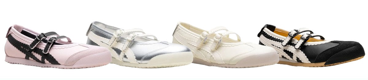 Onitsuka Tiger “Mexico 66 TGRS” ballet sneakers reinterpret the brand’s iconic 1966 silhouette with scalloped straps, a slim profile, and low rubber soles