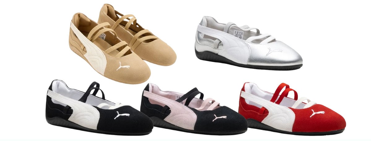 Puma “Speedcat Ballet” sneakers soften the brand’s racing-inspired Speedcat silhouette with ballet-style straps and a slim profile, finished with durable rubber soles