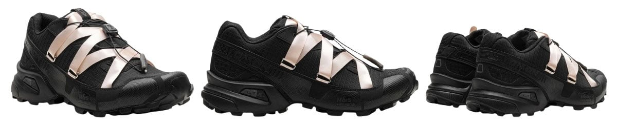 Salomon x Sandy Liang “Speedcross 3” ballet sneakers fuse rugged trail-running construction with satin ribbon lacing, pairing aggressive soles with ballet-inspired detailing