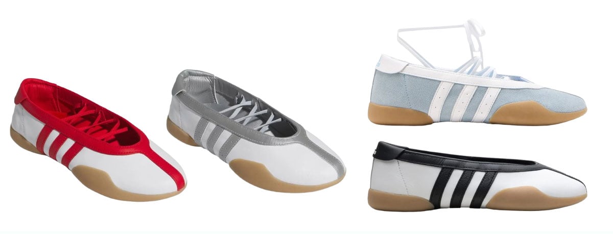 Adidas “Taekwondo Mei” ballet sneakers reinterpret the brand’s martial-arts heritage with a slim ballet silhouette, wraparound laces, and gum soles