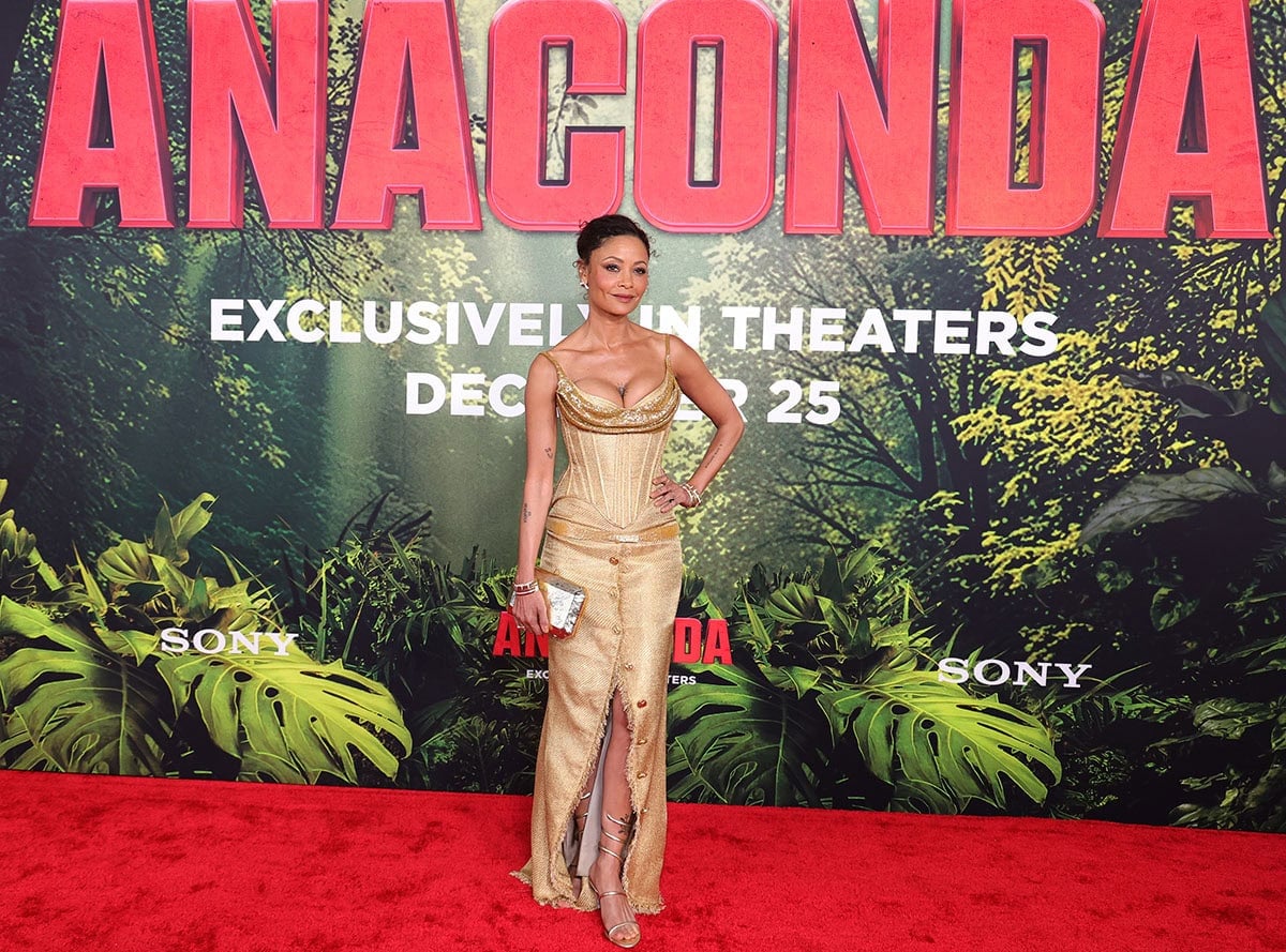 Thandiwe Newton slithers on the red carpet at the United Theater on Broadway, wearing a gilded look for the Los Angeles premiere of her latest movie, Anaconda