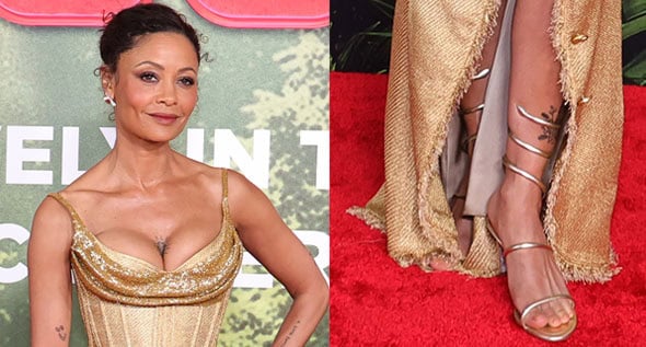 Thandiwe Newton Slithers Into the Anaconda Premiere in a Gold Wiederhoeft Gown and René Caovilla Heels