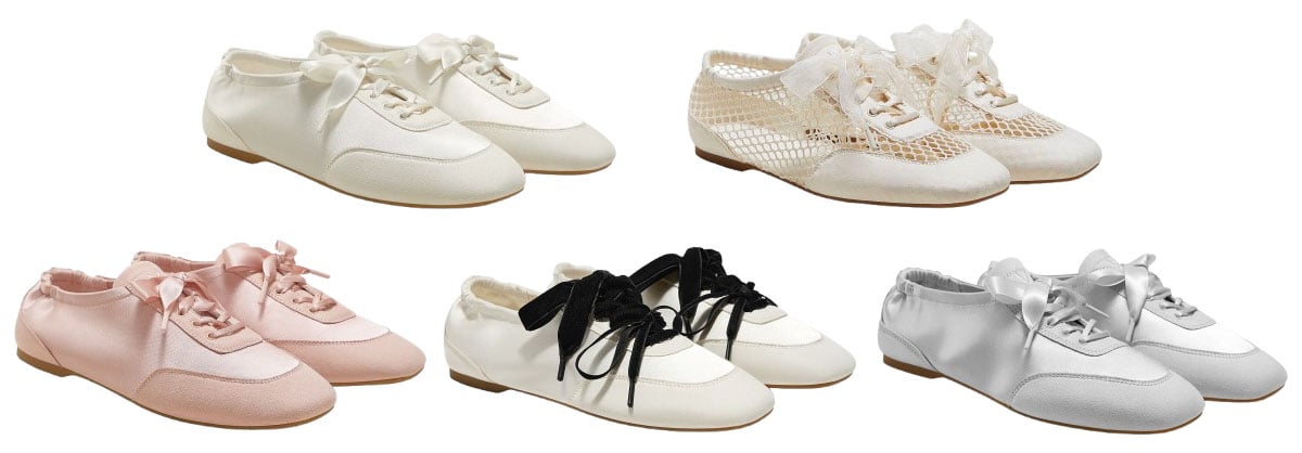 Vivaia “Cristina” lace-up sneakerinas blend a ballet-flat silhouette with soft satin uppers, ribbon ties, and flexible soles designed for all-day comfort
