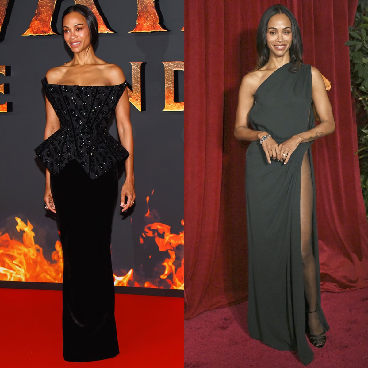 Zoe Saldaña showcases two striking red-carpet moods—an architectural black Balmain gown paired with Saint Laurent “La Scandale” platforms in Paris, and a daring one-shoulder Saint Laurent dress styled with the brand’s sleek “Chandelle” sandals in Los Angeles