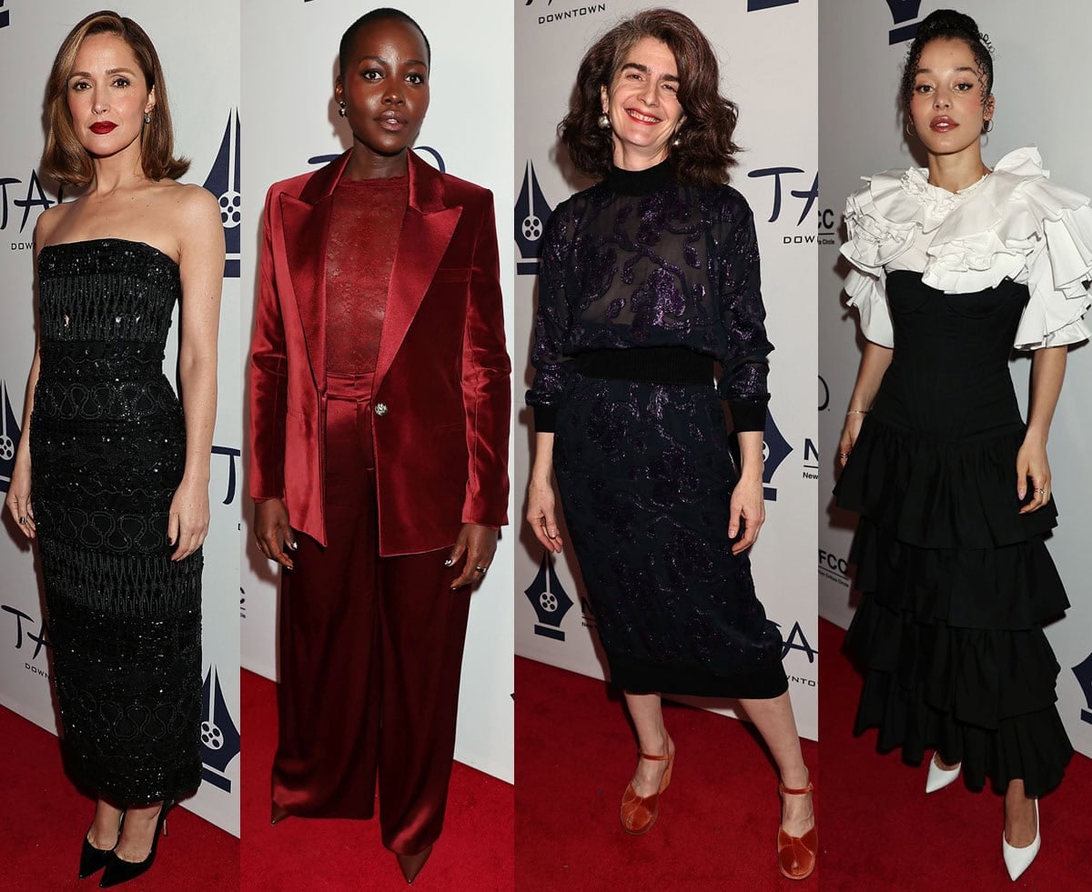 At the 91st New York Film Critics Circle Awards at TAO Downtown on January 6, 2026, Rose Byrne, Lupita Nyong’o, Gaby Hoffmann, and Chase Infiniti showcase distinct red-carpet styles, each anchored by classic pointed-toe pumps