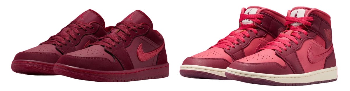 The Air Jordan 1 Valentine’s Day 2026 pack includes a deep red Air Jordan 1 Low and a softer pink Air Jordan 1 Mid, each accented with subtle romantic detailing