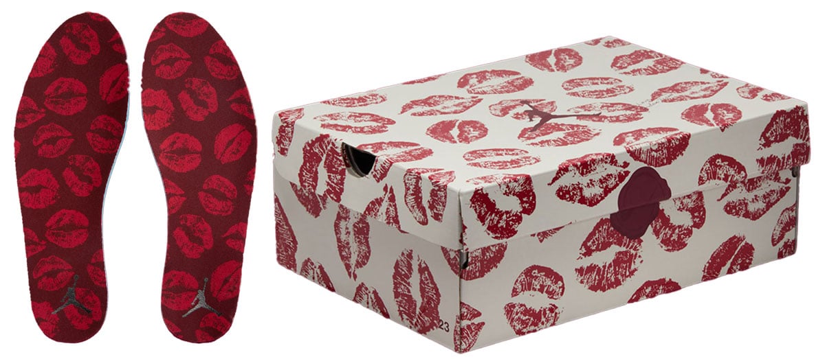 The Air Jordan 1 Valentine’s Day pack includes custom red insoles and a matching shoebox, both decorated with all-over kiss-print graphics