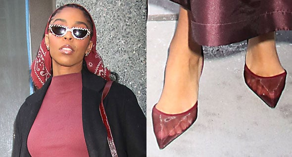 Jessica Williams Masters the Burgundy Trend in Britt Netta Mesh Pumps for Shrinking Season 3