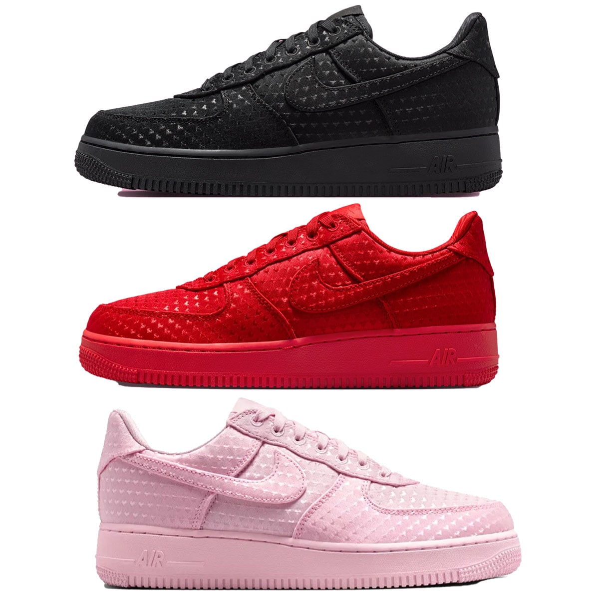 The Nike Air Force 1 Low Valentine’s Day collection—offered in Triple Black, University Red, and Pink Foam—launches January 14, blending romantic detailing with a sleek monochromatic finish