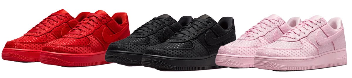 Nike Air Force 1 Low Valentine's Day Shoes in University Red, Triple Black, and Pink Foam