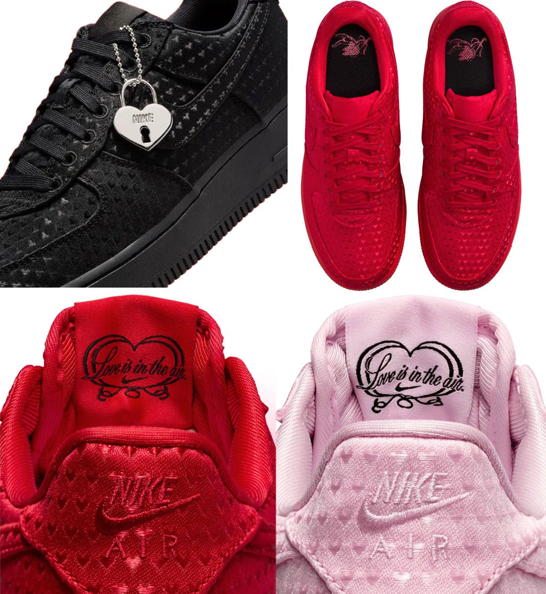 The Nike Air Force 1 Low Valentine's Day 2026 pack is made of woven jacquard, covered in tiny heart patterns, and features a detachable heart-shaped charm, a "Love Is in the Air" phrase on the inner tongue tag, and a cherub graphic on the insole