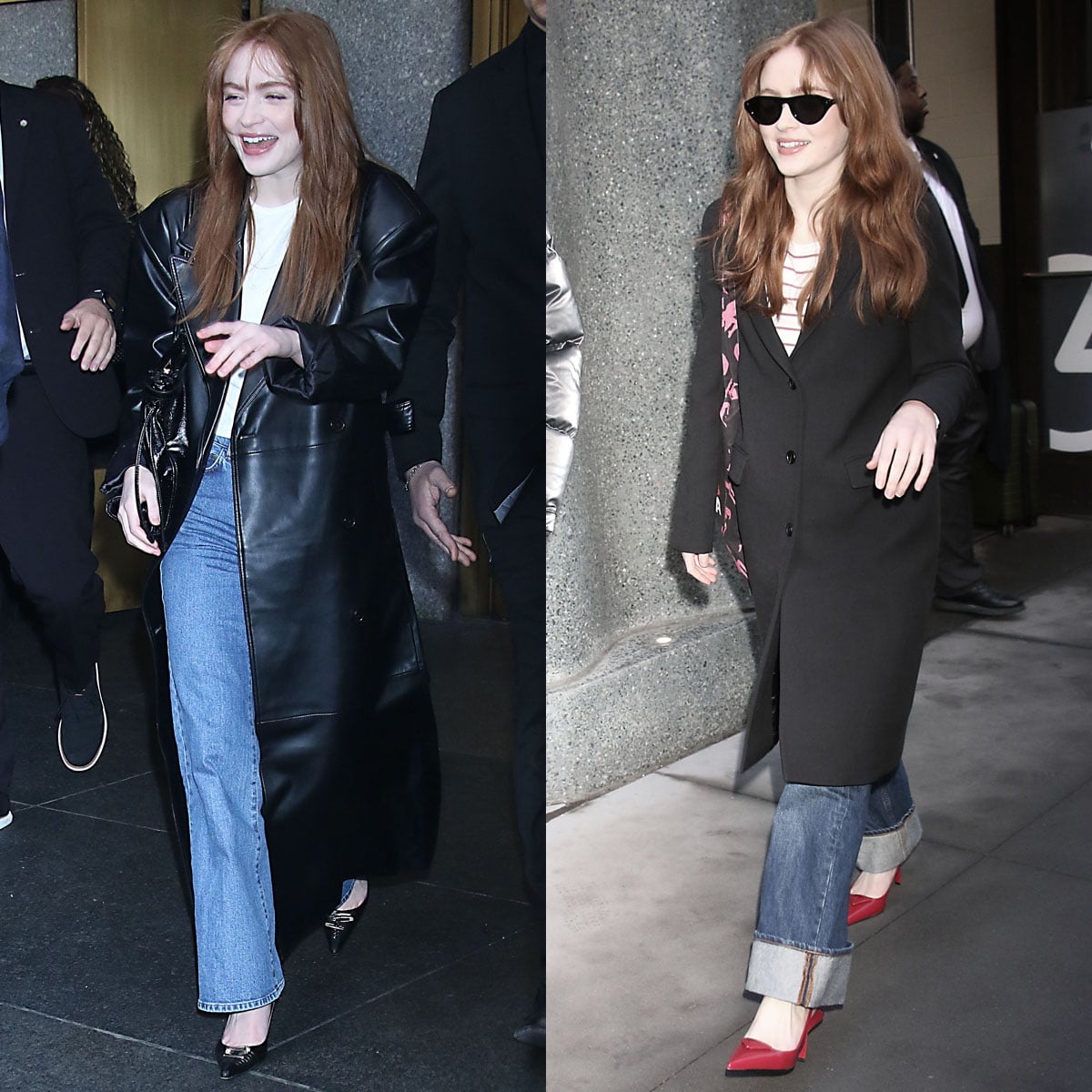 Sadie Sink elevates off-duty denim with tailored winter coats and pointed-toe pumps while promoting the Stranger Things finale in New York City on January 7–8, 2026