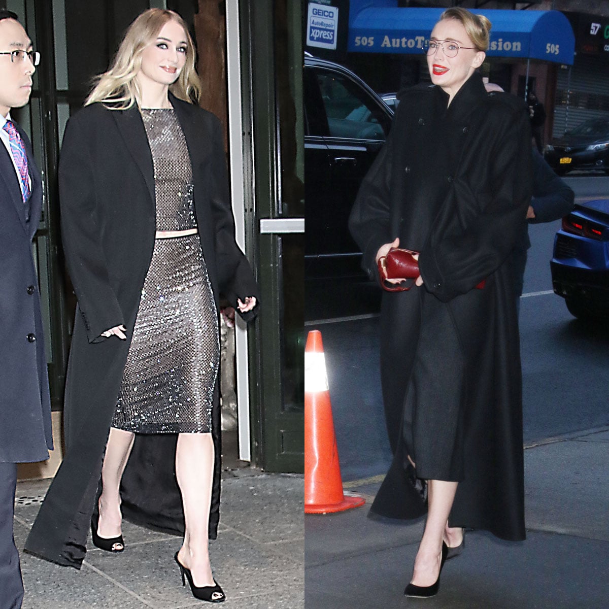 Sophie Turner channels a sharp office-siren aesthetic in Self-Portrait tailoring and classic black pointed-toe pumps while promoting her Amazon Prime Video series Steal in New York City