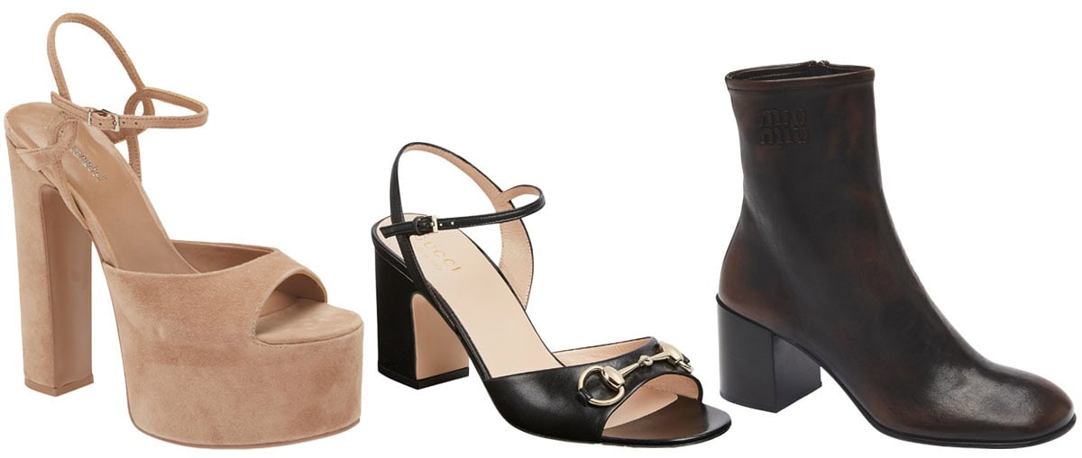 Platform and block-heel sandals highlighted how height and stability were prioritized before sleeker, less bulky heel shapes regained favor