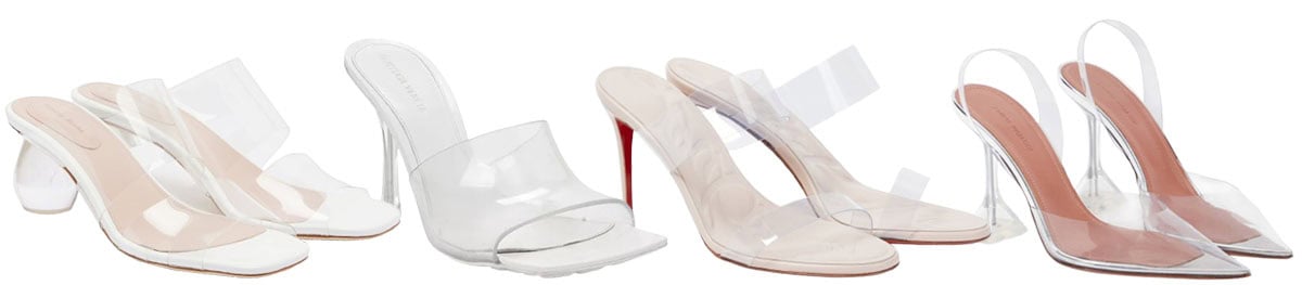 Simone Rocha PU Mules; Bottega Veneta Clear Slide Sandal; Christian Louboutin Just Loubi PVC Sandals; Amina Muaddi Holli Glass PVC Slingback Pumps