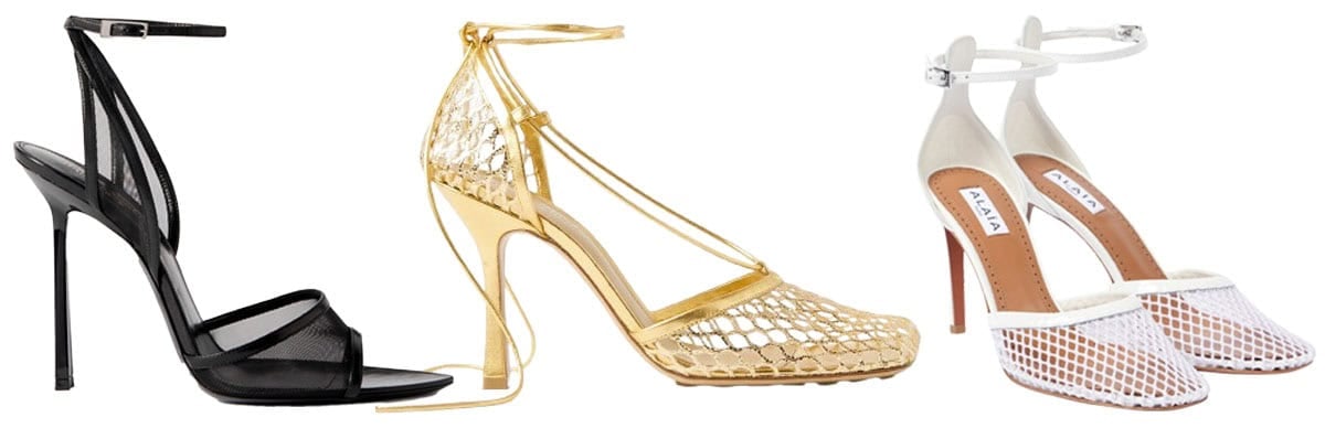 Saint Laurent Missy Mesh Sandal; Bottega Veneta Metallic Leather Mesh Pump; Alaia Leather-Trimmed Mesh Pumps
