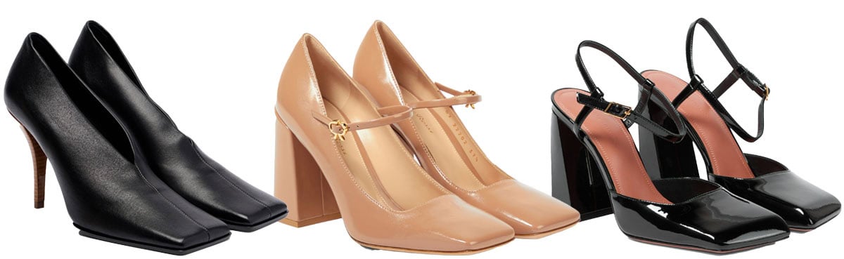 Alaia Square-Toe Leather Pumps; Gianvito Rossi Freeda Pumps; Amina Muaddi Charlotte Leather Pumps