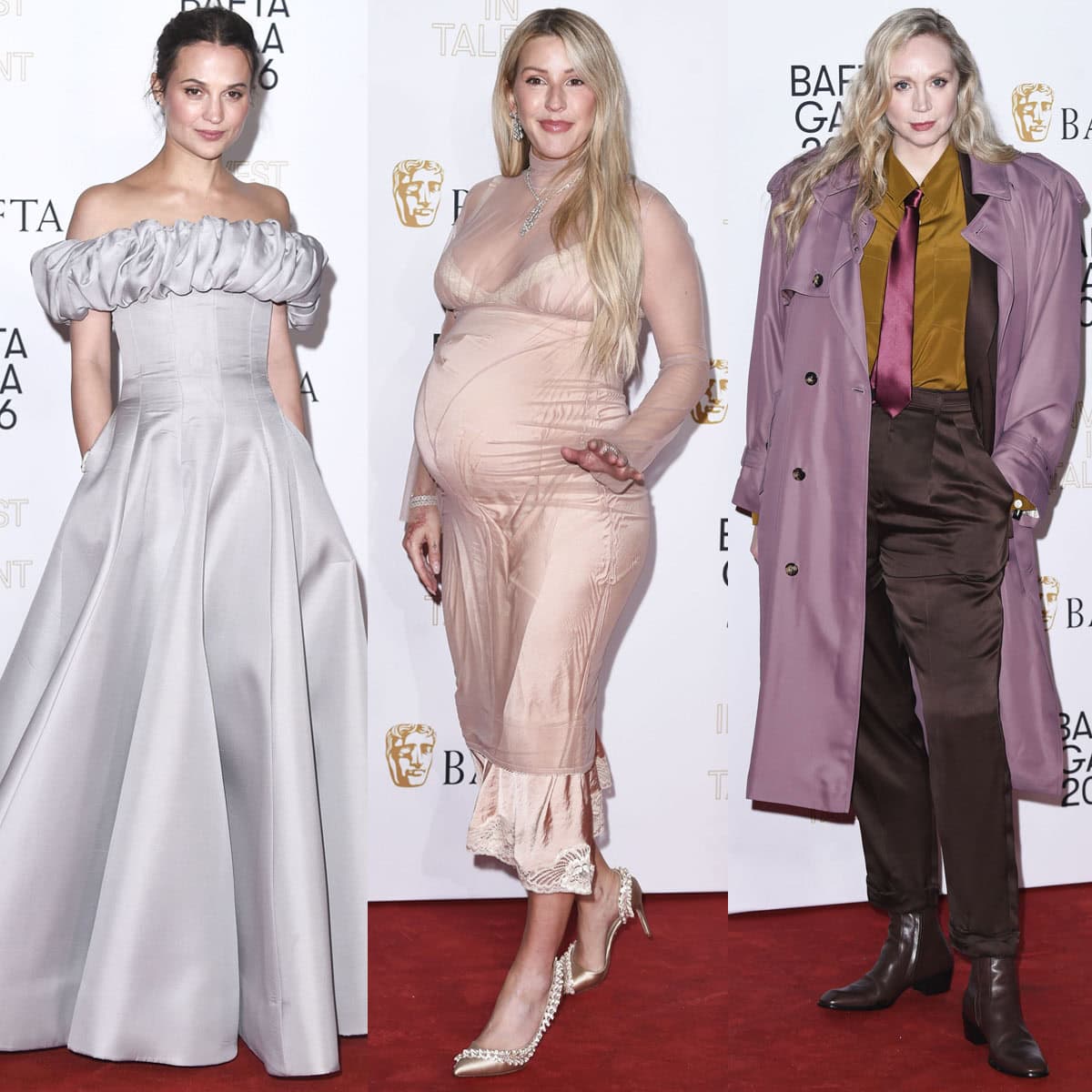 Alicia Vikander, Ellie Goulding, and Gwendoline Christie stepped out at the BAFTA Invest In Talent Gala in London on February 12, 2026, pairing a sculptural Louis Vuitton gown with silver Jimmy Choo platforms, a blush maternity look with crystal-trimmed pumps, and tailored Saint Laurent suiting grounded by brown leather ankle boots
