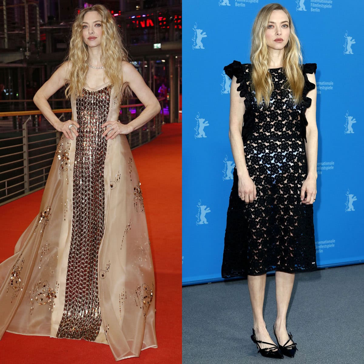 Amanda Seyfried stuns in a custom Prada nude sheer embellished gown with silver platforms and a black crochet dress with black pumps at the 76th Berlinale International Film Festival premiere and photocall of The Testament of Ann Lee