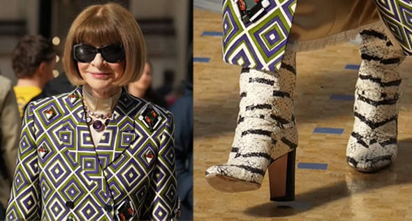 Anna Wintour Commands Milan Fashion Week in Striped Snakeskin Boots and Archival Prada
