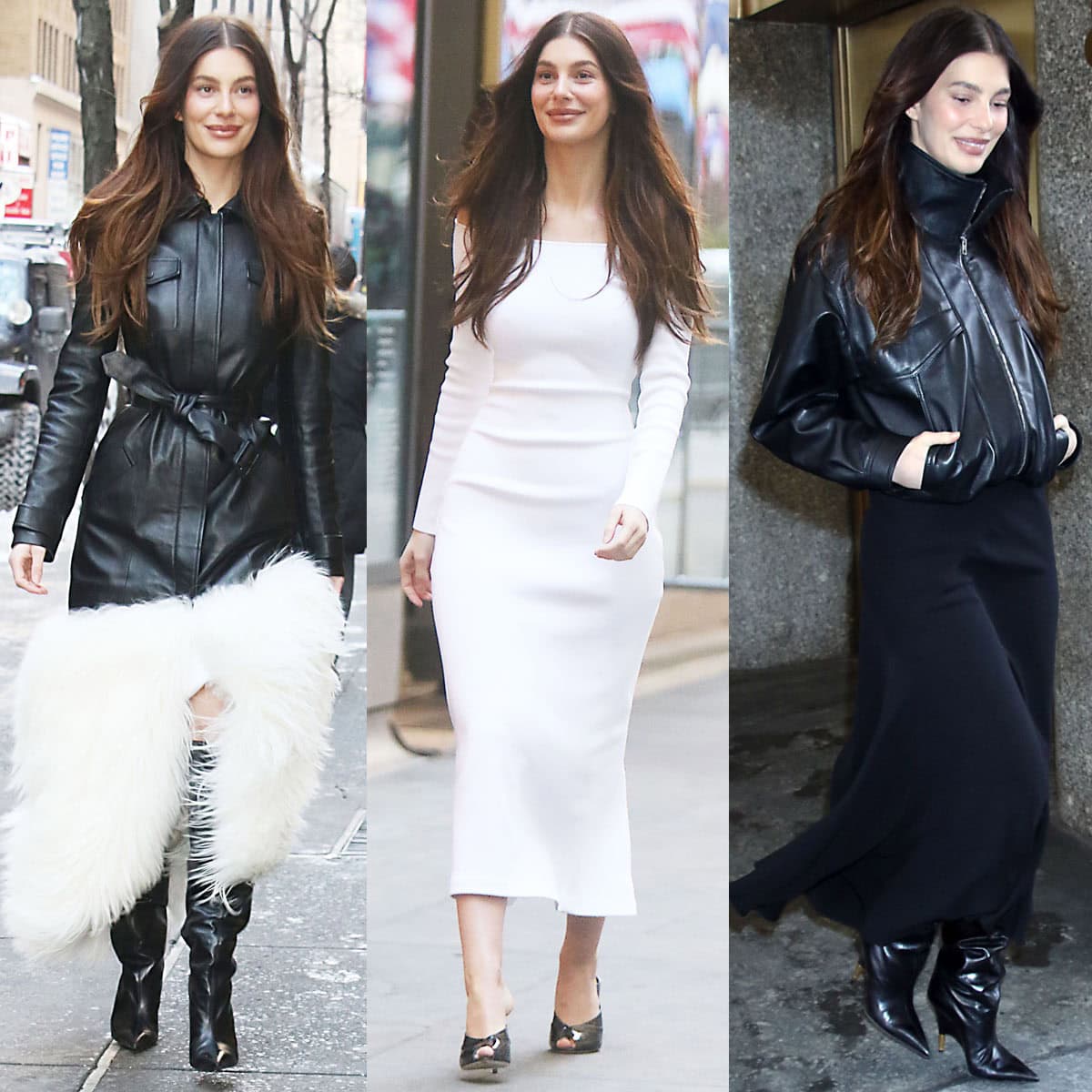 Camila Morrone promotes The Night Manager season two in a series of polished black-and-white looks, grounding sleek silhouettes with statement footwear from Khaite boots to glossy Jimmy Choo heels
