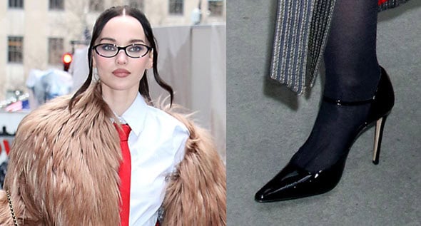Dove Cameron Nails Office Siren Style in Ferrari Suit and Patent Mary Jane Pumps