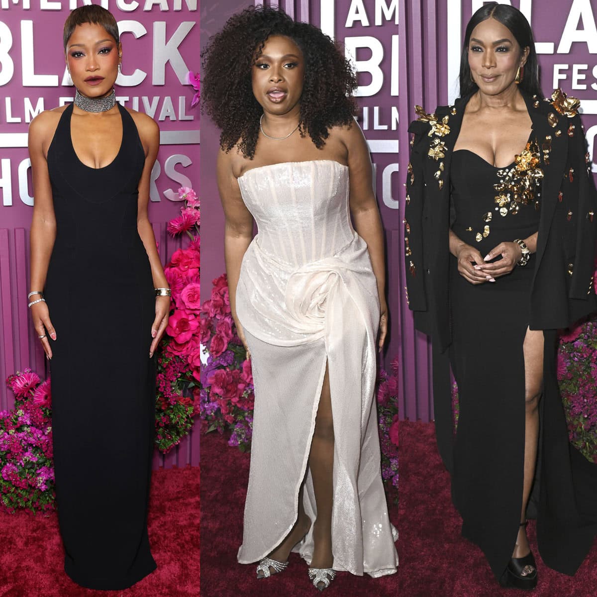 Keke Palmer, Jennifer Hudson, and Angela Bassett stun in classic black and white gowns with matching heels at the 8th American Black Film Festival Honors at the SLS Hotel
